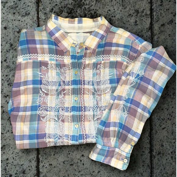 Johnny Was 3J Workshop Plaid Floral Embroidered Boho Button Down Shirt L Rare - Picture 1 of 9